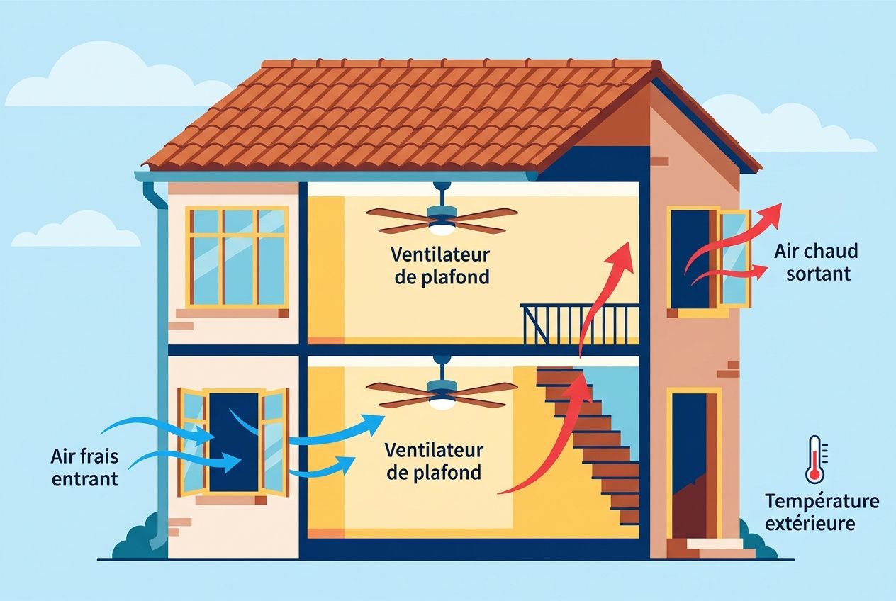 Aération d’une maison illustrée : flux d’air entrant par les baies, ventilateurs de plafond, air chaud expulsé par les hauteurs, et fenêtre ouverte pour rafraîchir sans climatisation. astuce canicule maison intégrée.