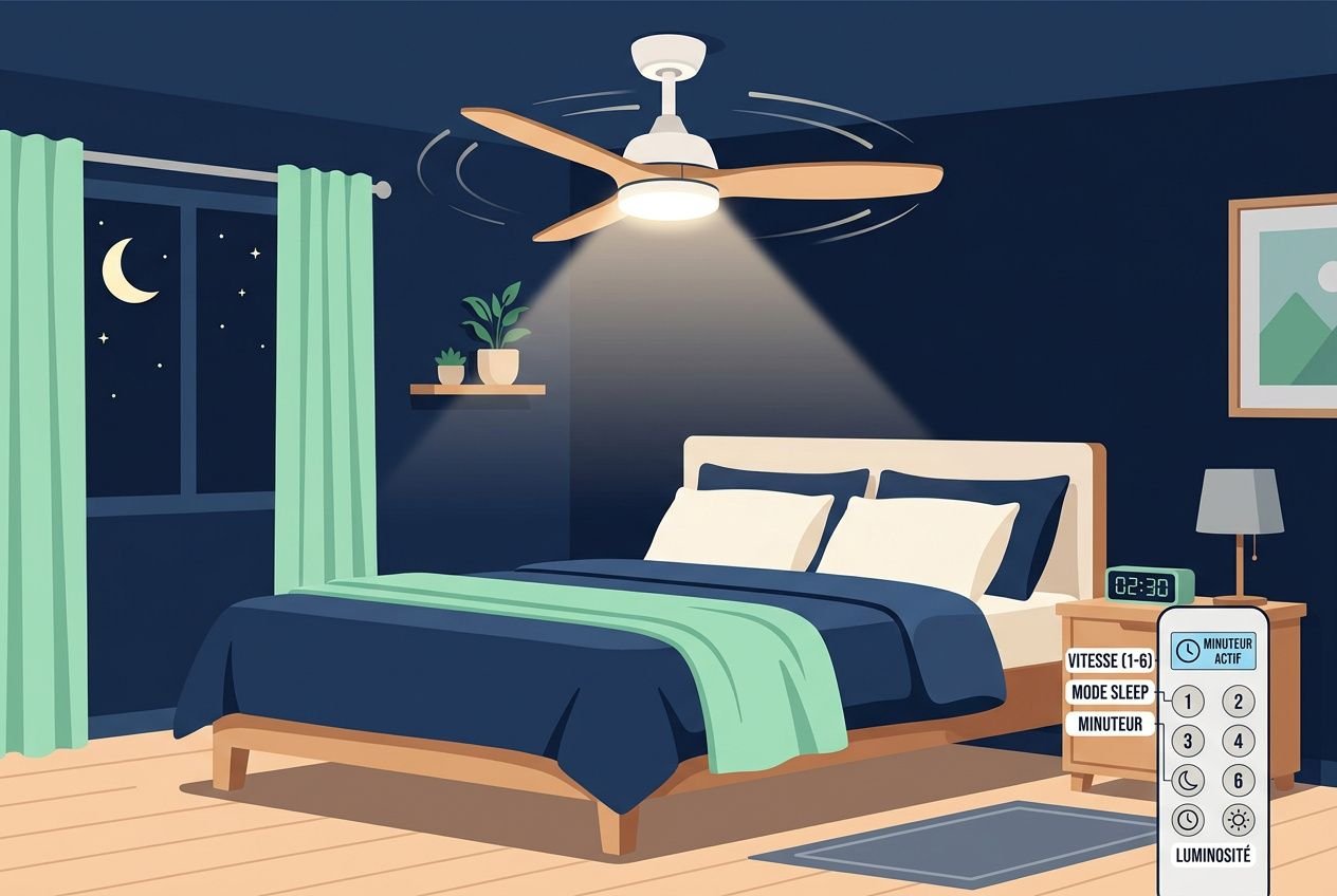 Comment choisir un ventilateur plafond silencieux : chambre lumineuse avec lit, ventilateur au plafond et télécommande affichant le bruit et les réglages de luminosité