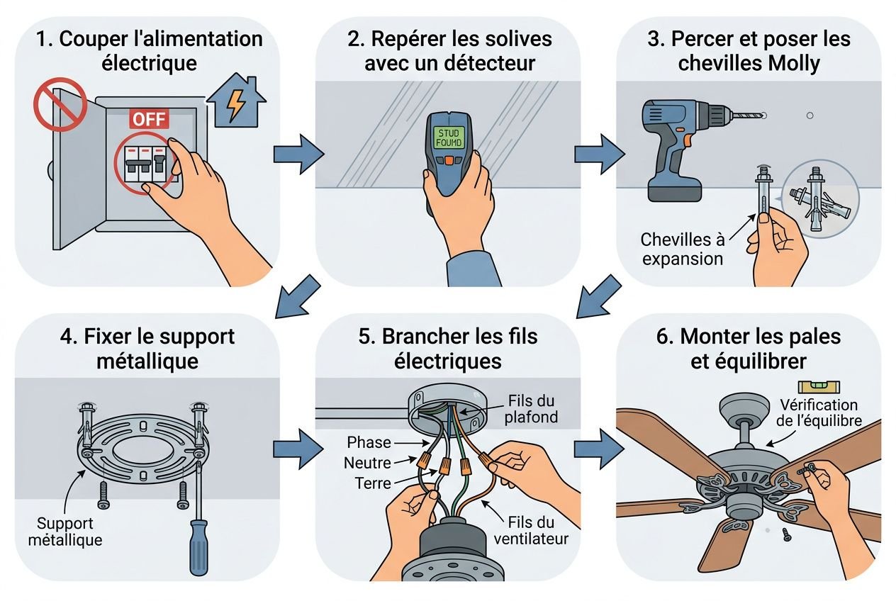 Comment installer un ventilateur de plafond sur du placo: schéma pas à pas montrant couper l’alimentation, repérer les solives, poser les chevilles Molly, fixer le support métallique, brancher les fils et monter les pales en vérifiant l’équilibre.