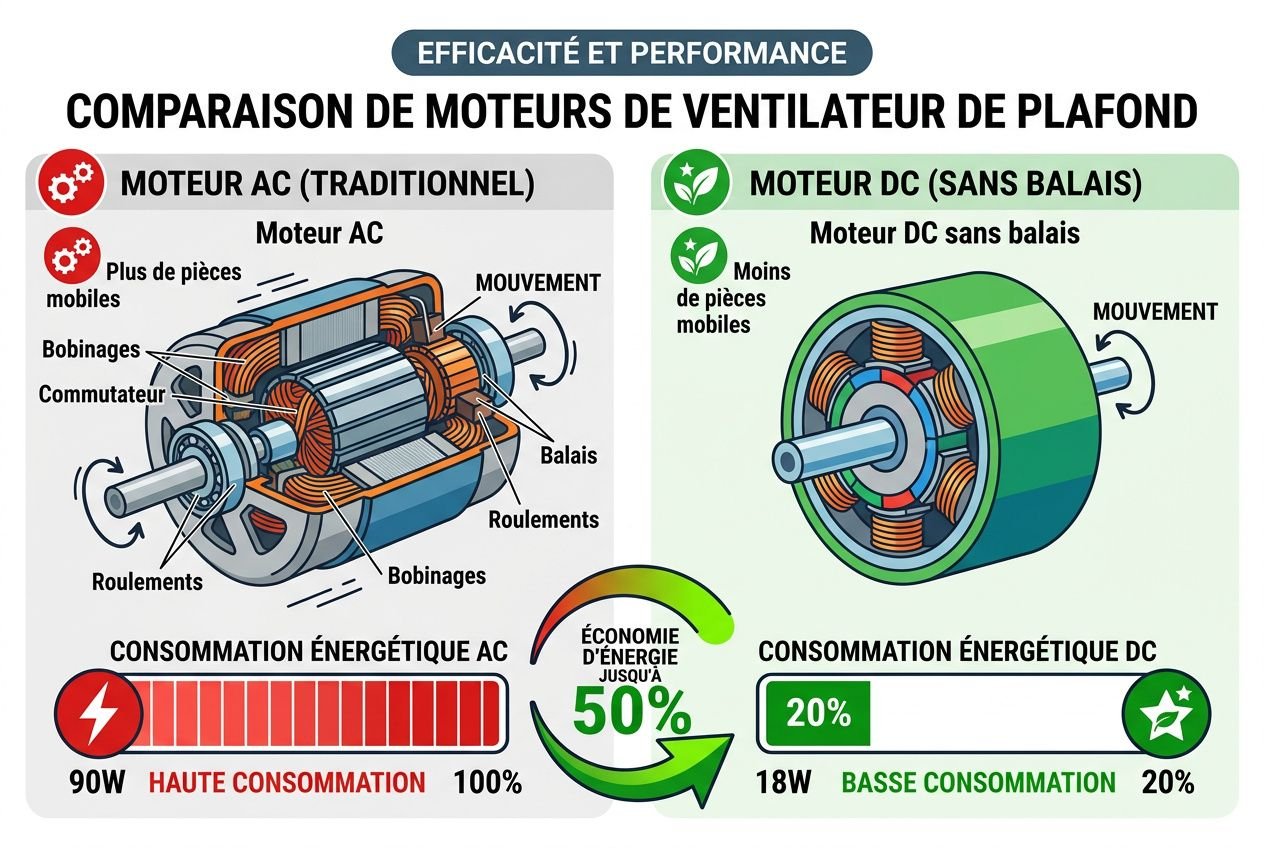 Comparaison graphique des moteurs de ventilateur de plafond: moteur AC traditionnel et moteur DC sans balais avec leur consommation et rotation, affichant écart d’énergie et économie potentielle jusqu’à 50% pour un ventilateur de plafond economie d energie.