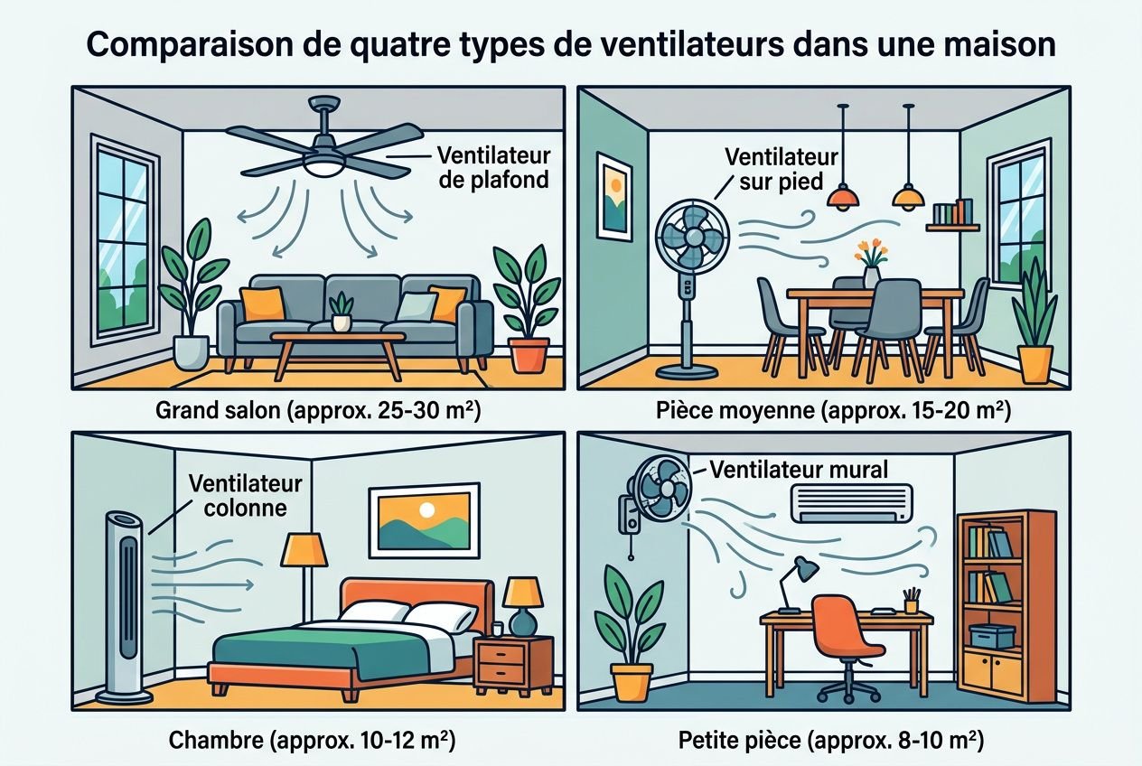 Comparaison de quatre types de ventilateurs dans une maison, avec des indications sur les pièces et leurs superficies.