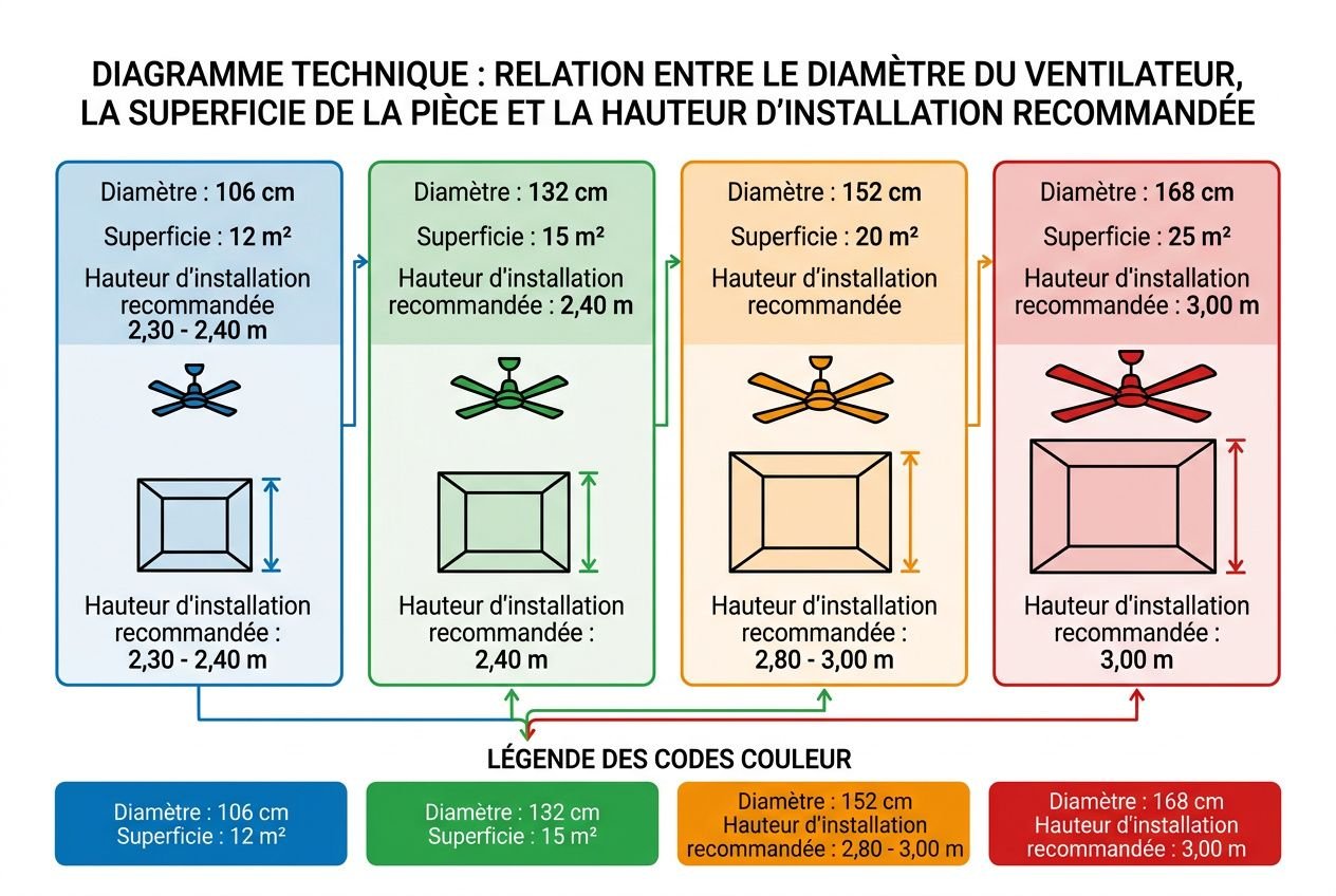 Diagramme technique montrant la relation entre le diamètre du ventilateur, la surface et la hauteur d’installation recommandée, avec des codes couleur et quatre diamètres différents. Inclut la règle des 2,30–2,40 m sous pâles pour hauteur d’installation. Hauteur recommandée: 2,30–2,40 m, 2,80–3,00 m ou 3,00 m selon le diamètre.