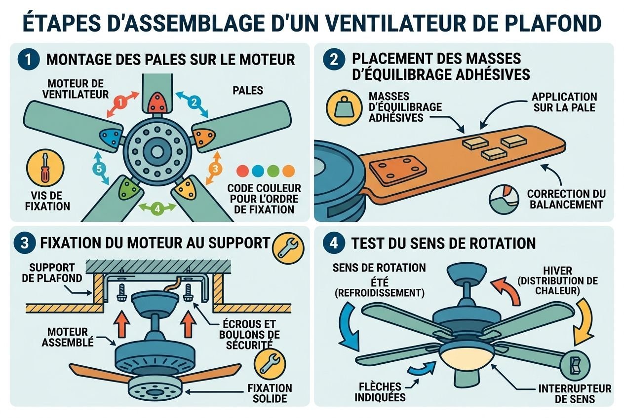 Étapes d’assemblage d’un ventilateur de plafond avec télécommande: vue d’ensemble des 4 étapes, montage des pales, pesées et fixation du moteur, test des sens de rotation.