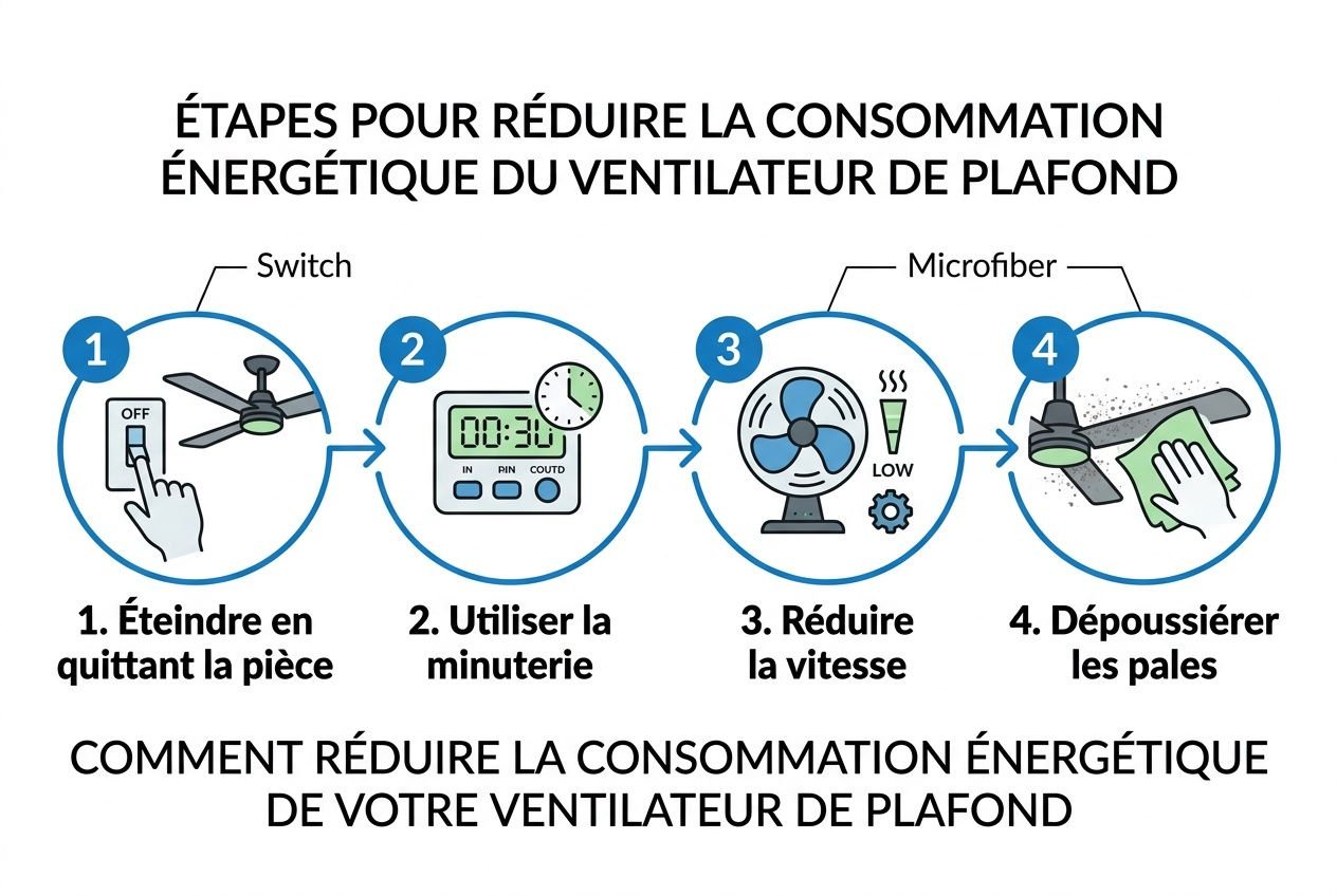 Étapes pour réduire la consommation énergétique du ventilateur de plafond : arrêt, minuterie, réduction de vitesse et dépoussiérage des pales. ventilateur consommation électricité.