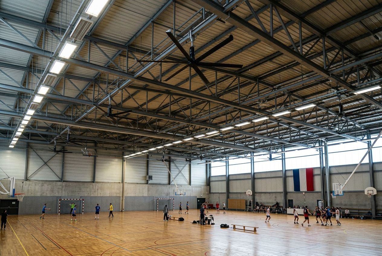 Grande salle de sport avec plafond industriel et ventilateurs; des joueurs s’entraînent sur le parquet. destratificateur d'air qu'est-ce que c'est intégré naturellement.