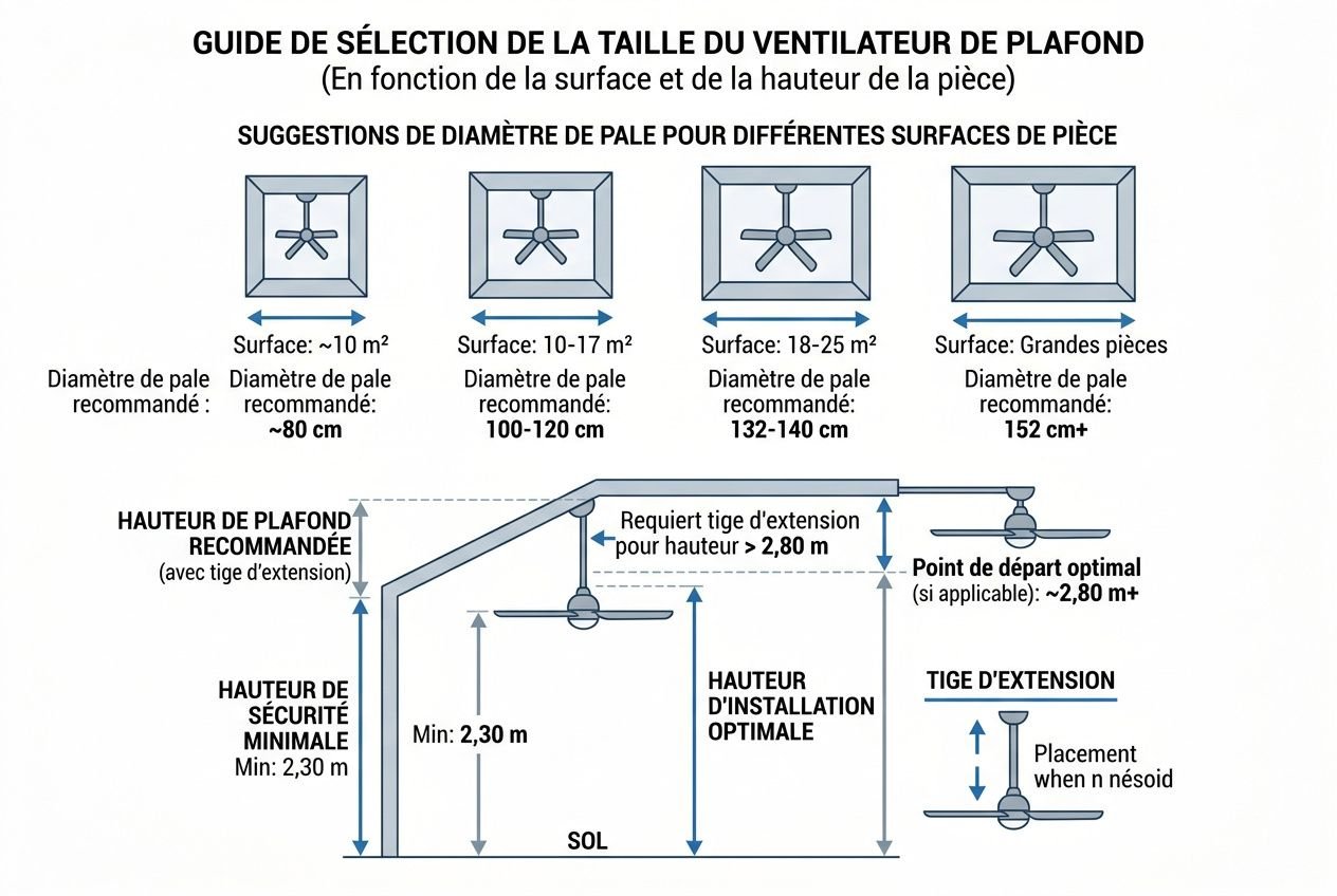 Guide d’installation et choix du ventilateur plafond 2 sens rotation, avec schémas des tailles et hauteurs recommandées.