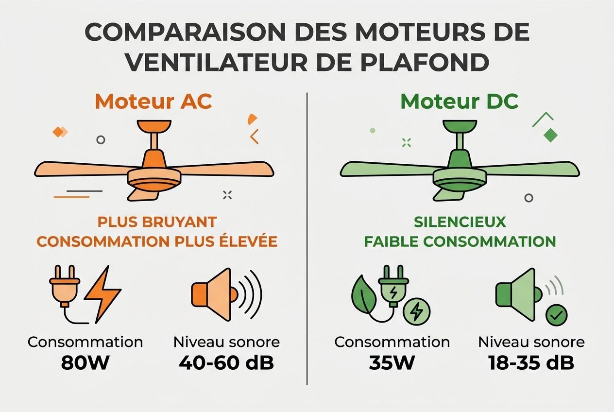 Guide sur les moteurs de ventilateur de plafond et choix, avec comparaison AC/DC et consommation sonore par pièce.