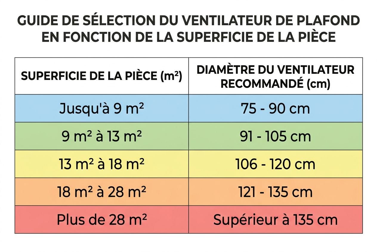 Guide de sélection du ventilateur de plafond selon la superficie de la pièce et le diamètre recommandé des pales.