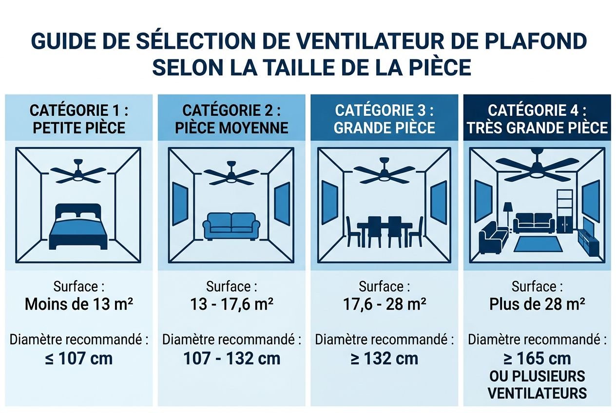 Guide de sélection de ventilateur de plafond selon la taille de la pièce, pour choisir un ventilateur plafond silencieux adapté.
