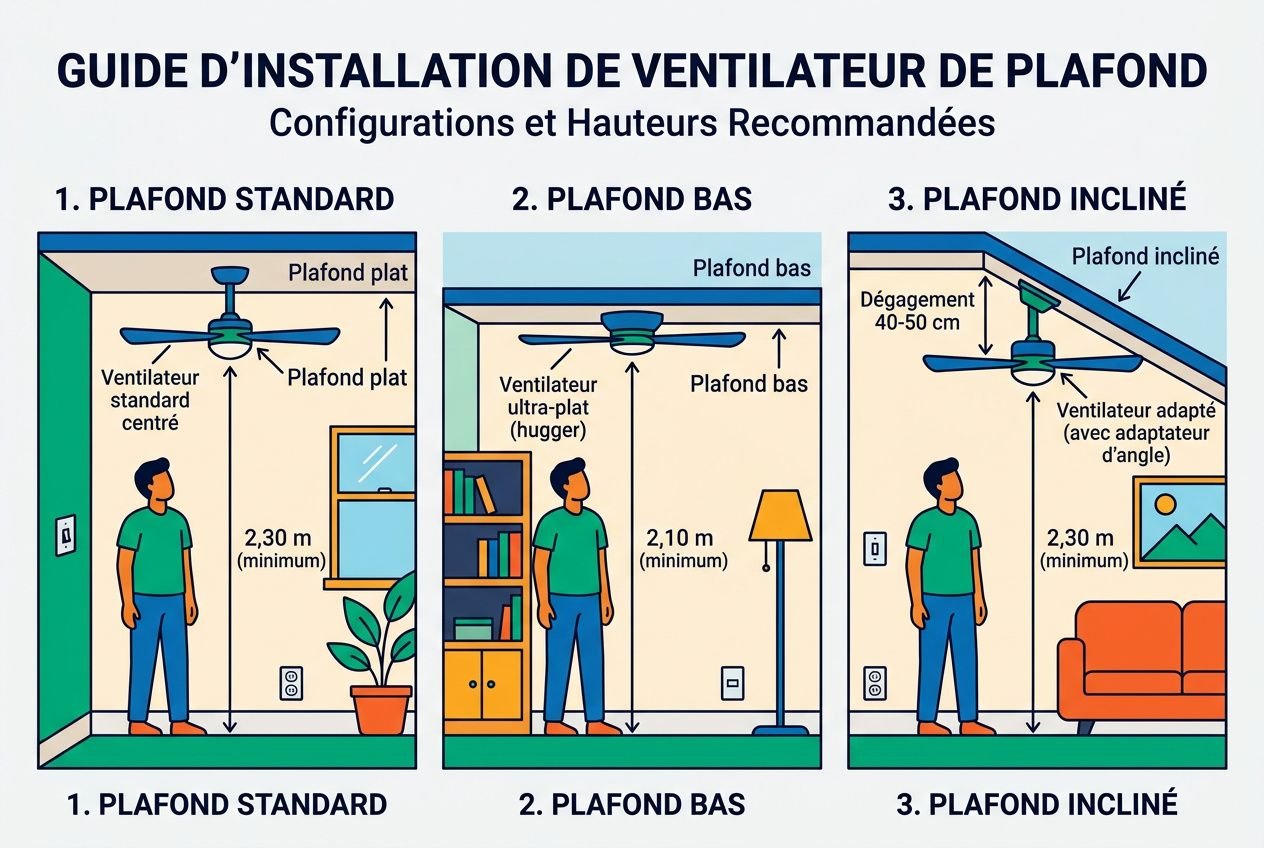 Hauteur de plafond recommandée pour installation d’un ventilateur de plafond: conformité à la règle des 2,30 m sous les pale, illustration des configurations standard, bas et incliné.