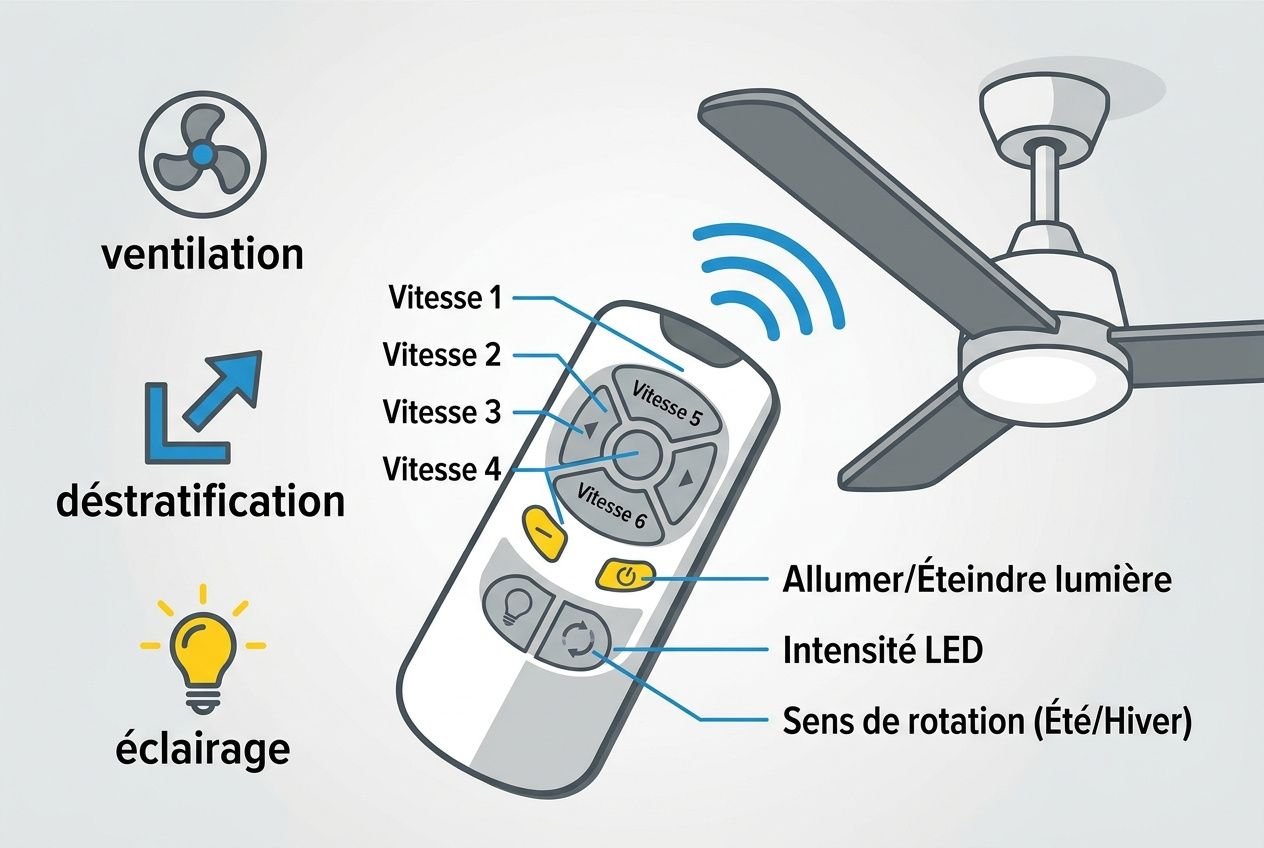 Interrupteur et télécommande montrant un ventilateur de plafond avec lumière, réglages de vitesse et LED.