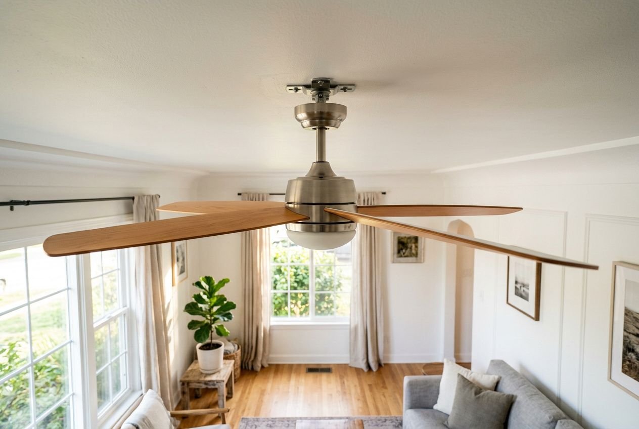 Mode hiver et été d'un ventilateur de plafond montrant les pâles en rotation dans un salon lumineux.
