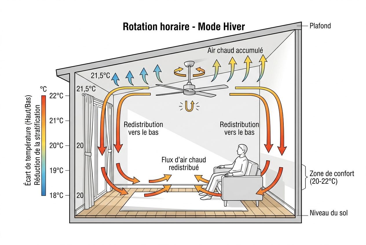 Mode hiver et été d'un ventilateur de plafond: schéma montrant rotation horaire et antihoraire, redistribution de l’air chaud près du plafond et flux d’air rafraîchissant vers le bas dans un salon.