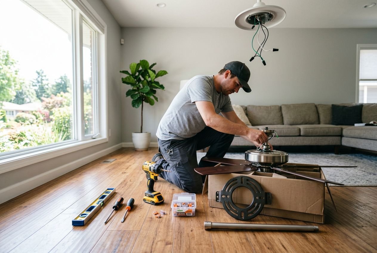 Personne effectuant l’installation d’un ventilateur, outils au sol et pièces autour, dans un salon éclairé. Ventilateur sens de rotation été montré par le contexte.