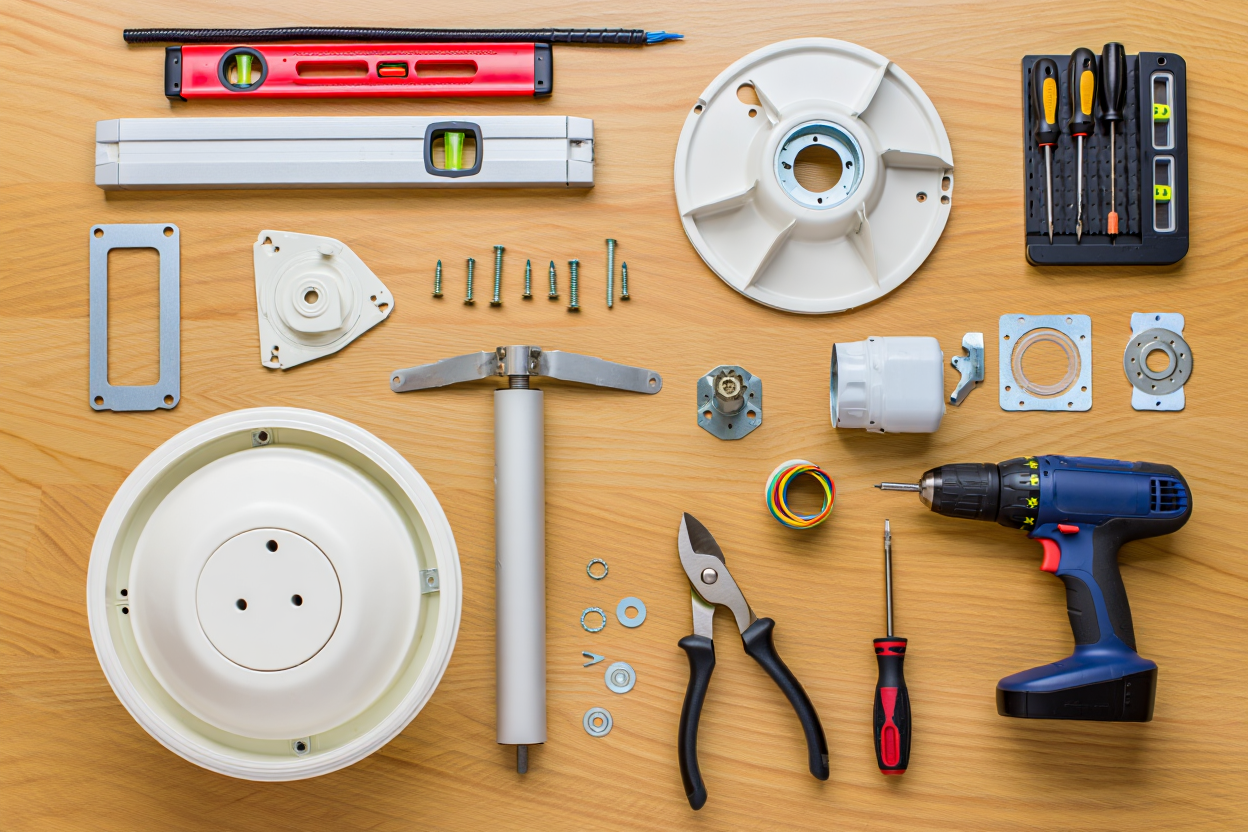 Pièces et outils pour l’installation ventilateur plafond soi-même: perceuse, vis, pinces, tournevis et niveaux.