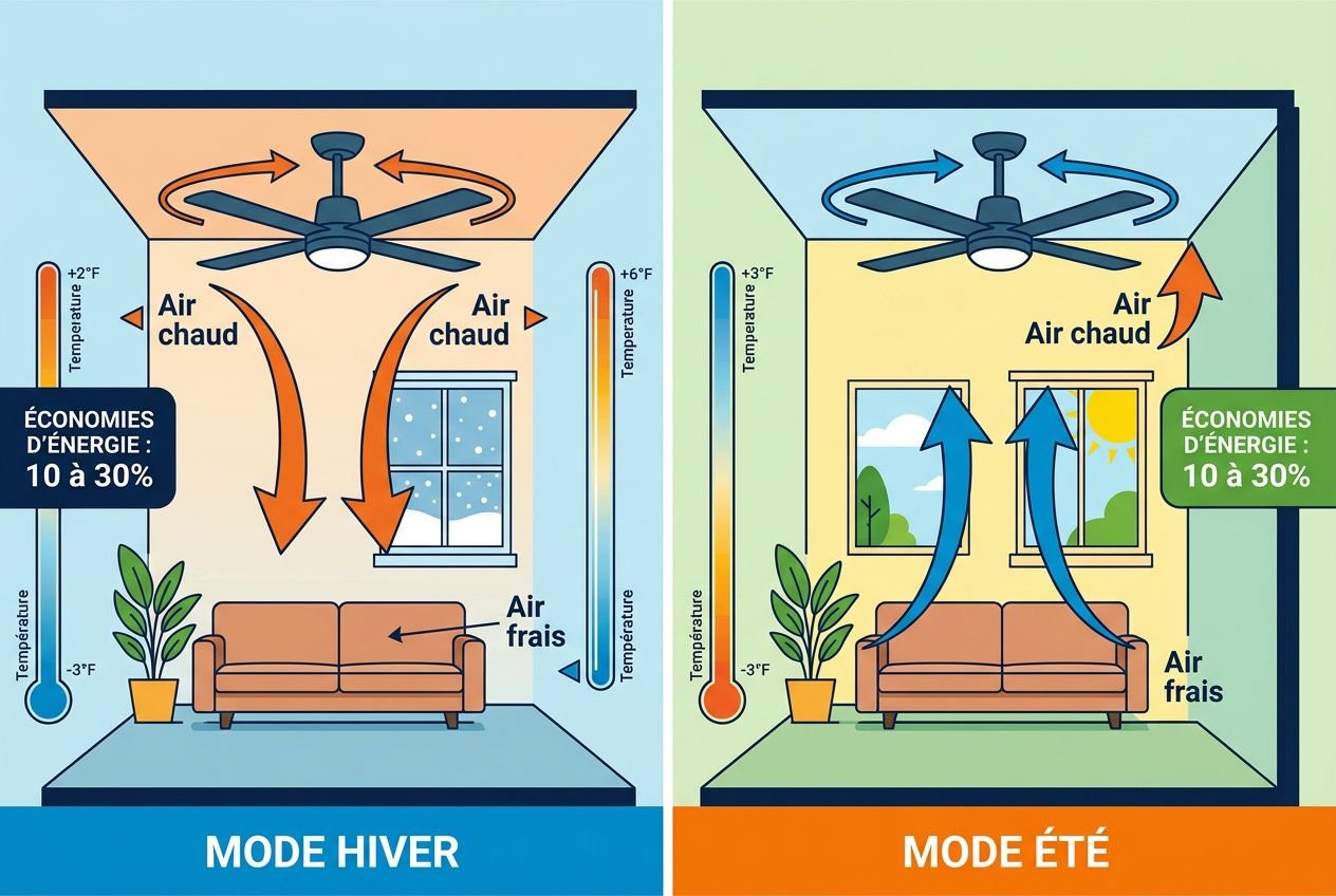Schéma comparatif hiver/été des déstratificateurs d'air: flux d'air chaud remontant au plafond en hiver et brassage de l'air en été autour d’un canapé près d’une fenêtre.