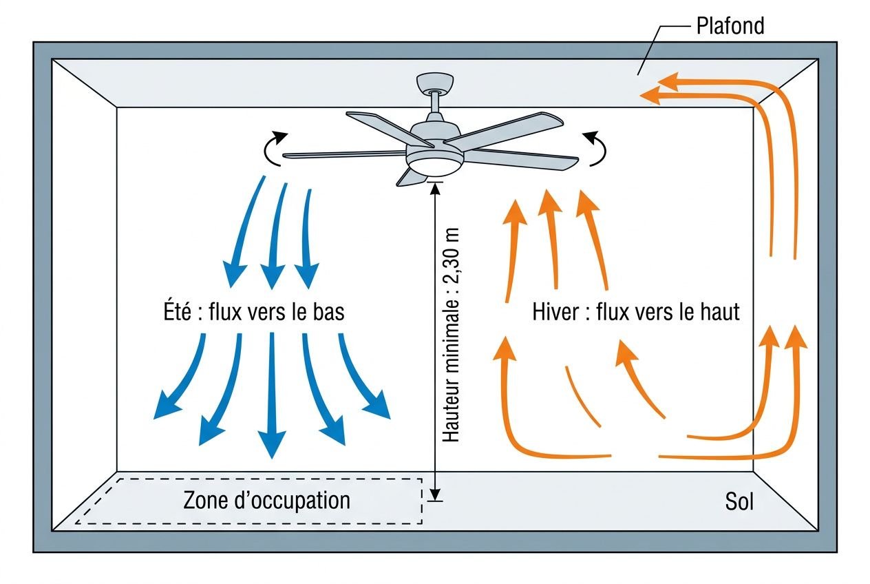 Schéma d’installation d’un ventilateur dans une pièce: air chaud remontant vers le plafond et air frais descendant au centre, avec flèches orange montrant la chaleur vers le haut en hiver et des flèches bleues diffusant l’air frais en été. Indication “Zone d’occupation” et hauteur minimale du plafond à 2,30 m. Cela répond à la question: ou placer son ventilateur dans une pièce.