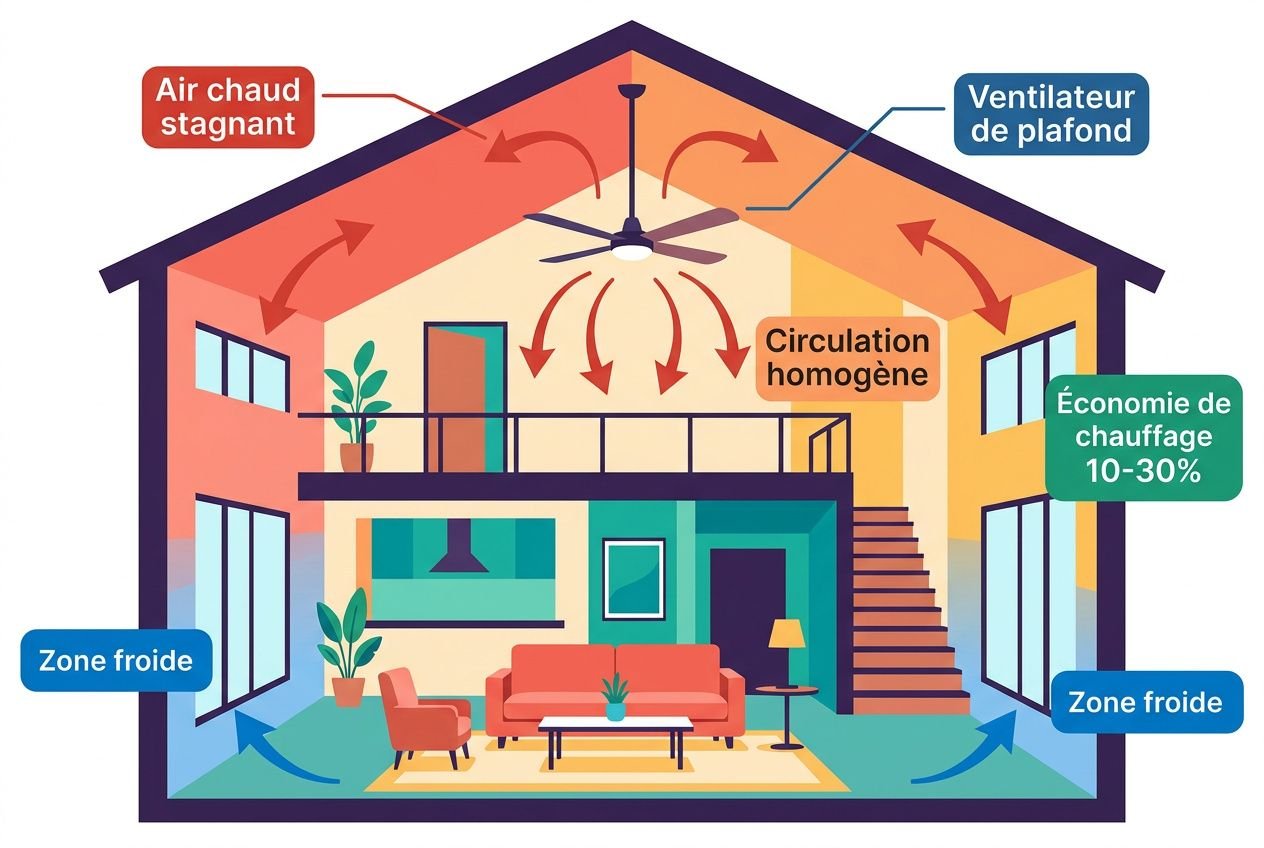 Schéma d’un bâtiment montrant un destratificateur design en plafond, ventilateur et diffusion d’air pour homogénéiser la circulation et réduire les zones froides et chaudes.