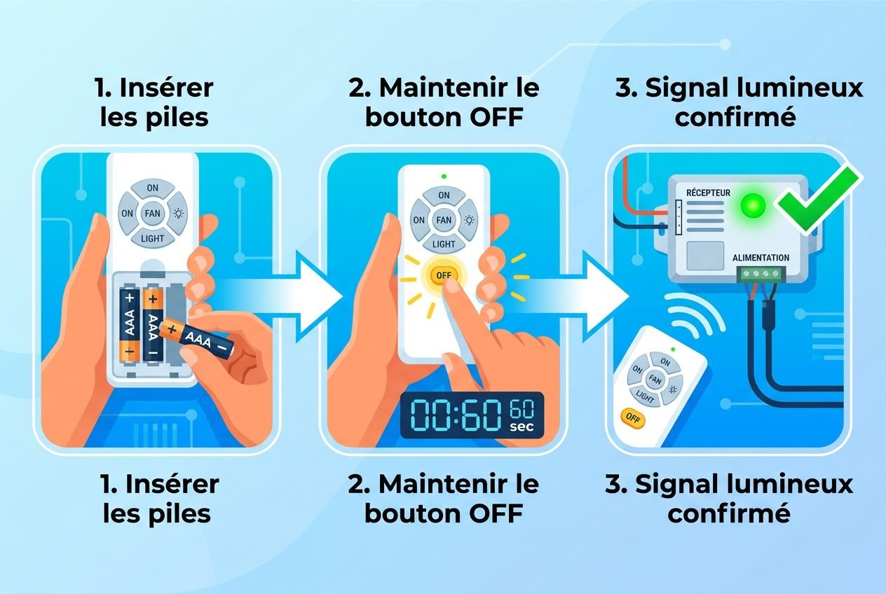 Schéma étape par étape pour installer un ventilateur de plafond avec télécommande: insertion des piles, bouton OFF maintenu, puis signal lumineux confirmé.