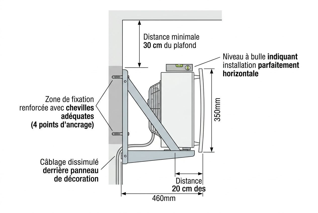 Schéma explicatif d’un système de climatisation ou de ventilation murale: dimensions indiquées (460 mm de largeur, 350 mm de hauteur, 20 cm de distance, 30 cm du plafond) et zone de fixation renforcée avec chevilles pour assurer l’installation. Mention d’un câblage dissimulé derrière le panneau de décoration. Inclinaison et niveau à bulle montrant une installation horizontale parfaite. Astuce canicule maison intégrée via une ventilation recommandée et sûre sans climatisation.