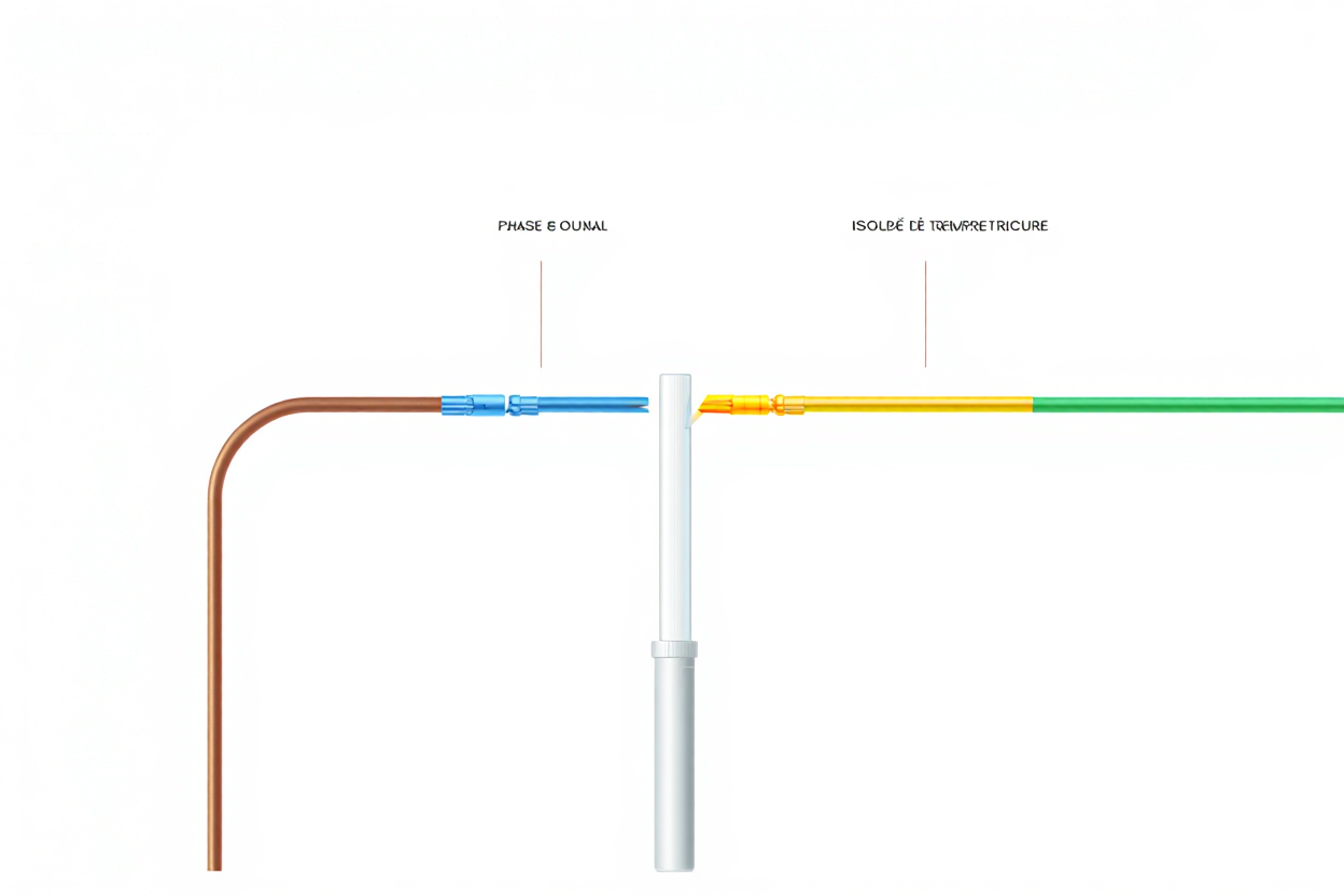 Schéma montrant les éléments d’un câblage de ventilation: phase et quincaillerie bleue, isolation et câbles jaunes/verts, et tube passant par le support. installation ventilateur plafond soi-même.