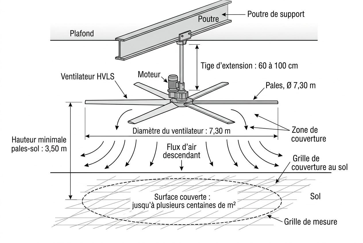 Schéma technique d’un ventilateur HVLS avec pales, moteur et tige d’extension, indiquant les hauteurs et les flux d’air descendants. intégrer le mot-clé: comment choisir ventilateur industriel