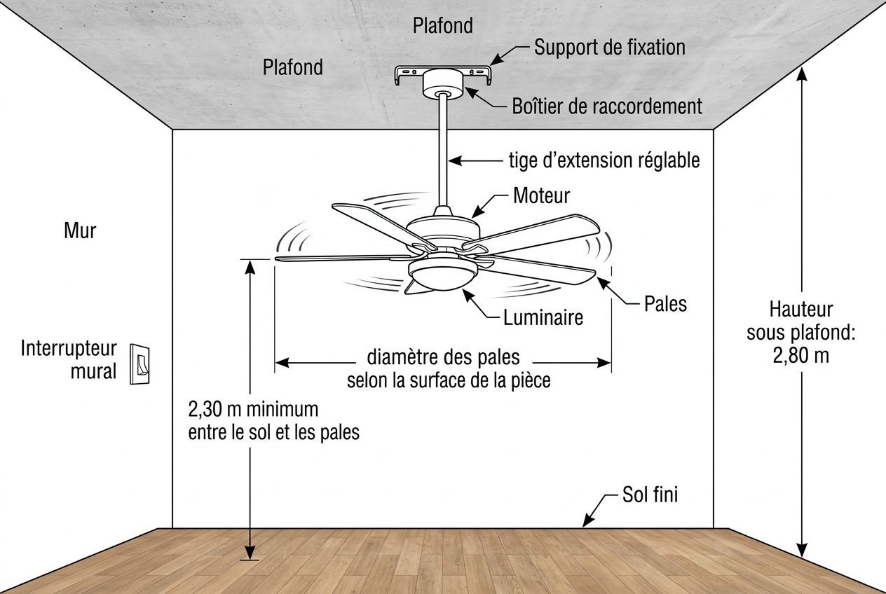 Schéma technique d’un ventilateur plafonnier avec moteur et pales en fonctionnement, montrant les distances recommandées au mur et au sol, et la hauteur sous plafond.