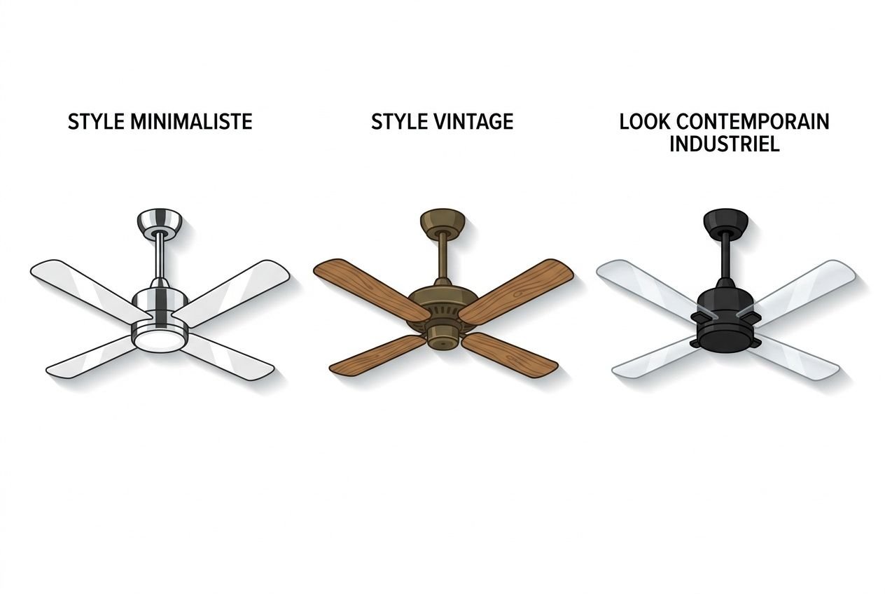 Trois ventilateurs de plafond dessinés: style minimaliste blanc, style vintage bois et look contemporain industriel avec lumière intégrée.