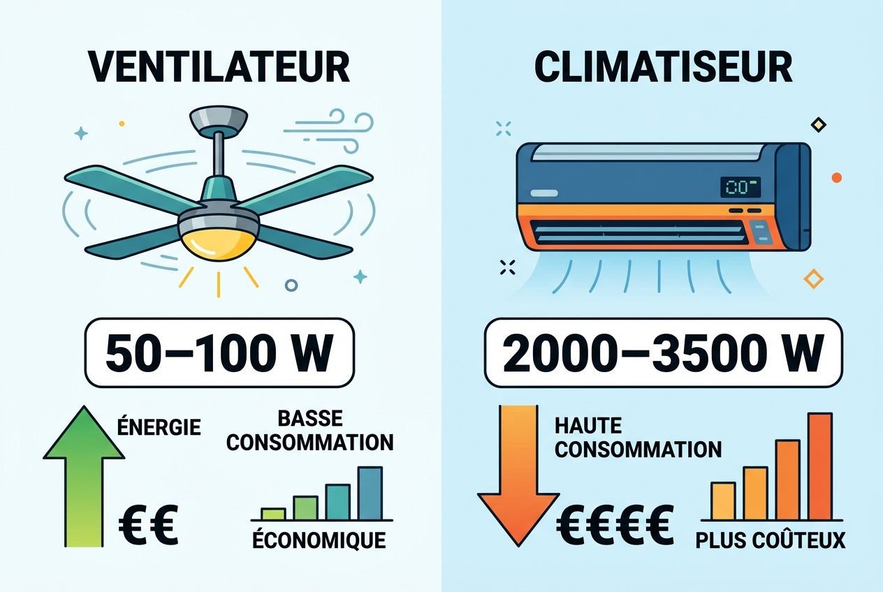Ventilateur consommation électricité : illustration montrant un ventilateur 50–100 W et climséc climatisateur 2000–3500 W, indicateurs énergies et coûts.