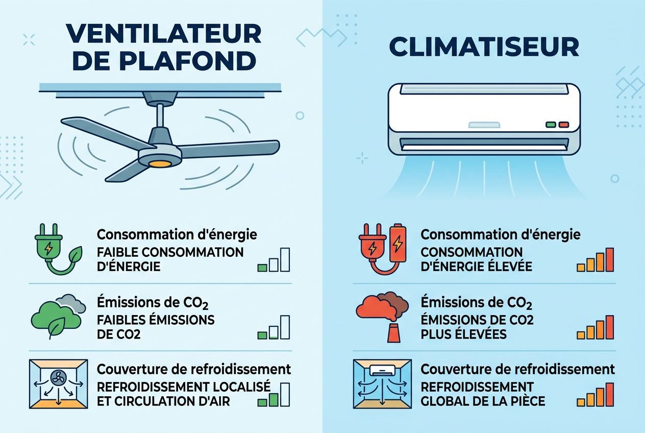 Ventilateur efficace canicule : plafond en action, avec icônes énergie faible, émissions CO2 faibles et refroidissement local, plus climatisation et guides.
