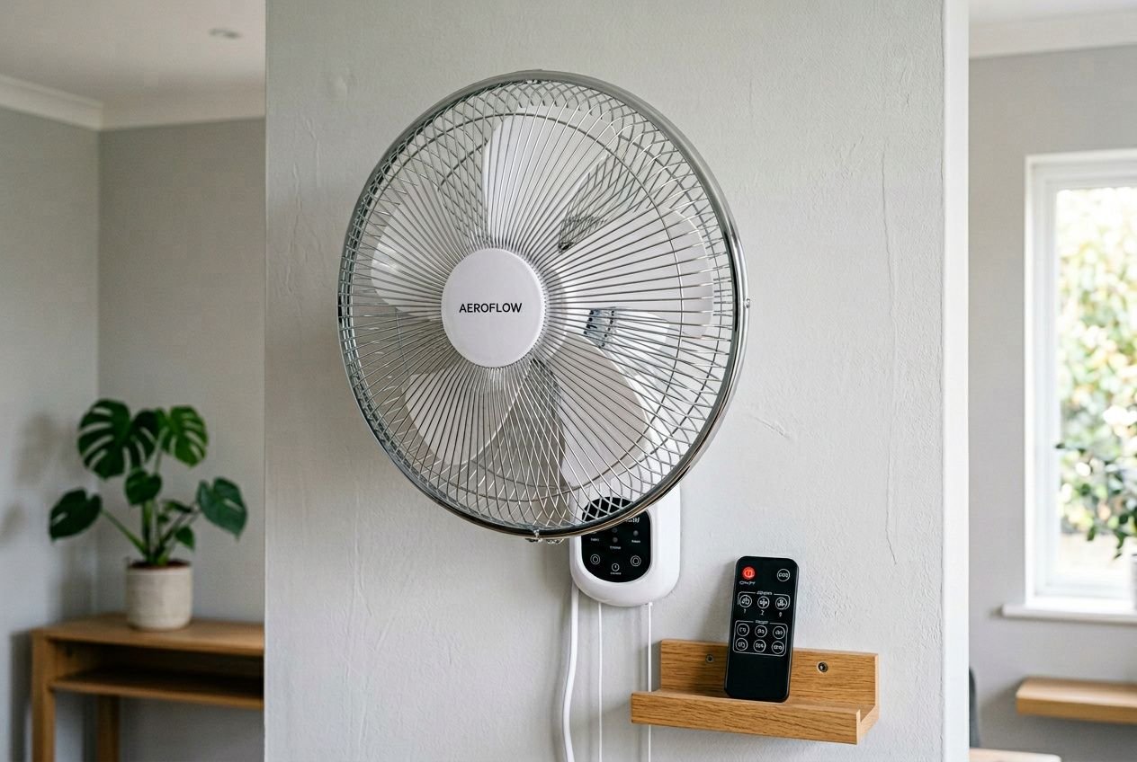 Ventilateur mural silencieux avec télécommande mural posé sur unité de fixation près d’un mur gris, avec télécommande noire posée sur un petit support en bois.