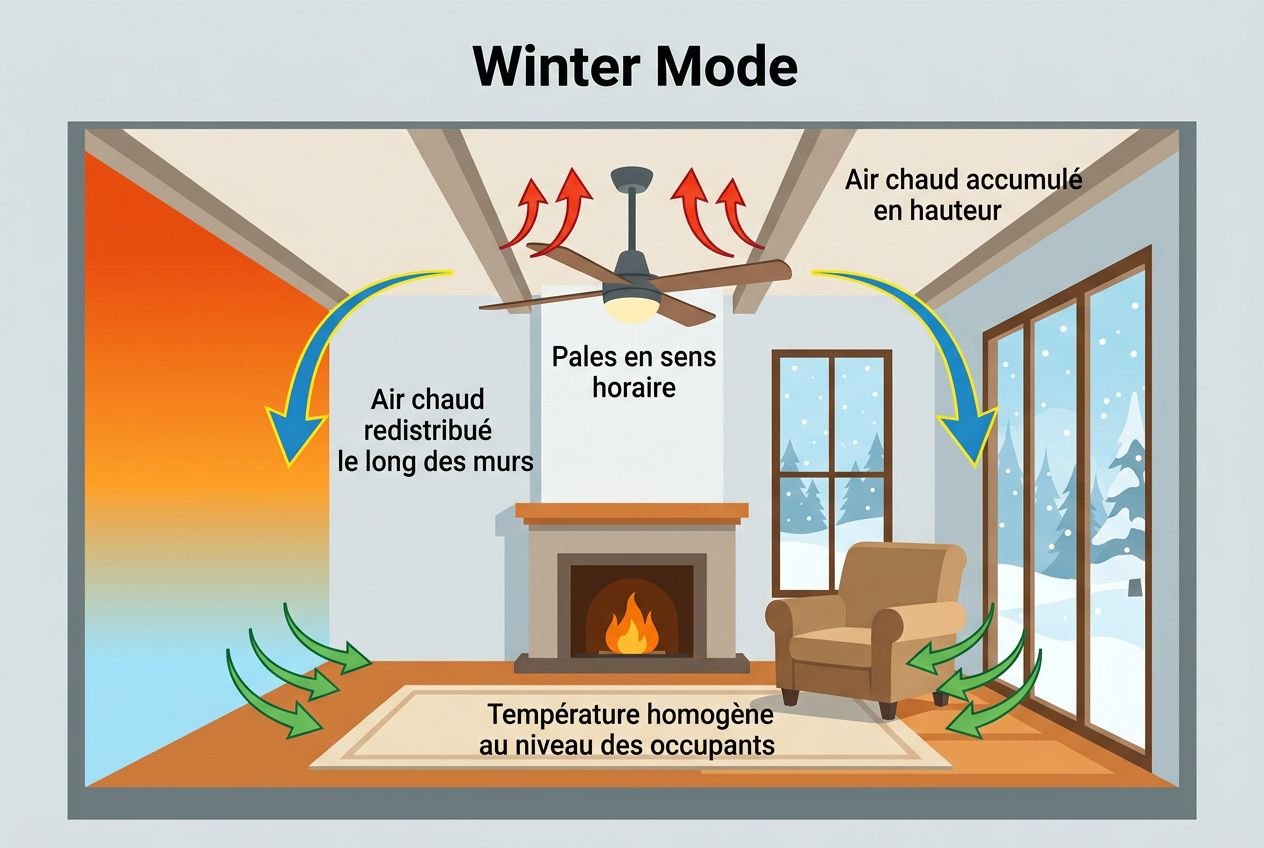 Ventilateur plafond 2 sens rotation: schéma “Winter Mode” montrant sens horizontal des pales, air chaud s’élevant puis redistribué au sol et le long des murs, avec chaleur et confort hivernal.