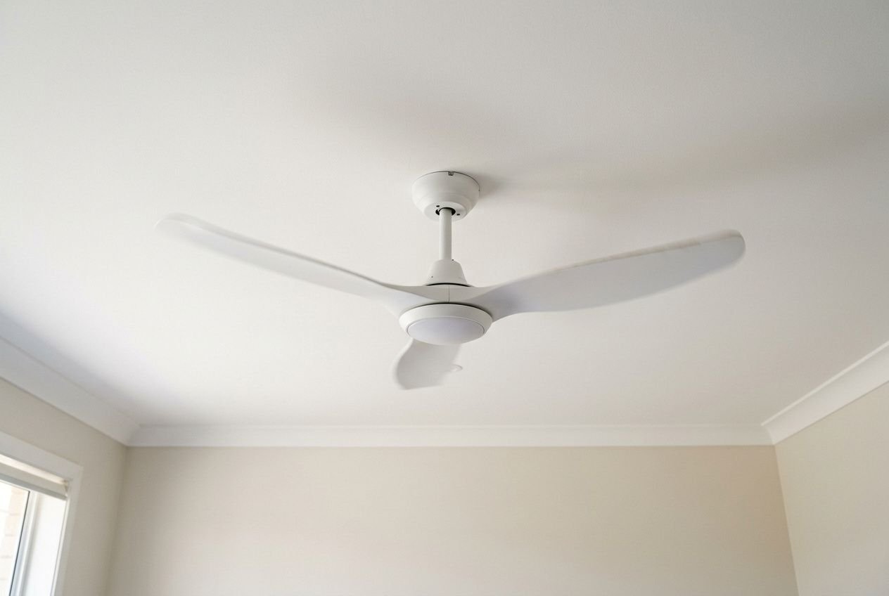Ventilateur de plafond blanc moderne monté au centre d’un plafond, 3 pales, dans une pièce lumineuse. Meilleur ventilateur pour la canicule.