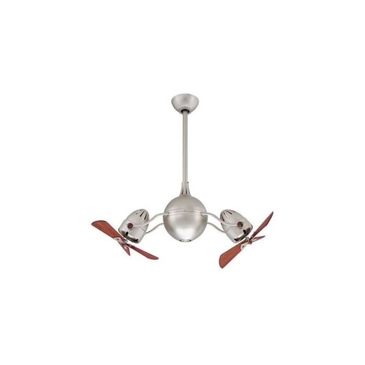 Ventilateur de plafond moderne à trois bras avec hélices en bois et chaîne de suspension, noir et chrome, bruit potentiel à corriger.