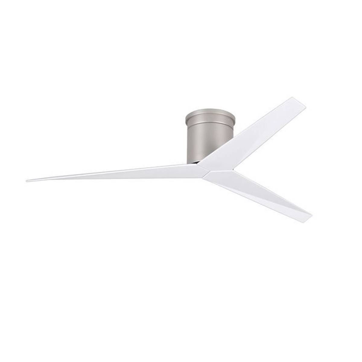 Ventilateur de plafond moderne blanc à trois pales, montage suspendu au centre. Integrates naturally: comment choisir son ventilateur.