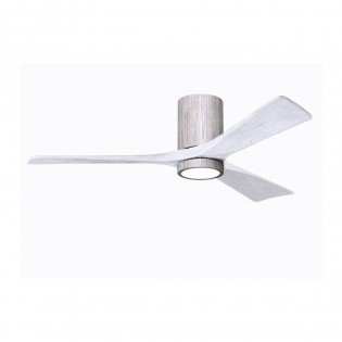Ventilateur de plafond moderne en bois clair avec mât et trois pales. Destratificateur possible clarification incluse dans la description.