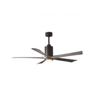 Ventilateur plafond moderne avec éclairage intégré, suspendu au plafond par une tige noire.