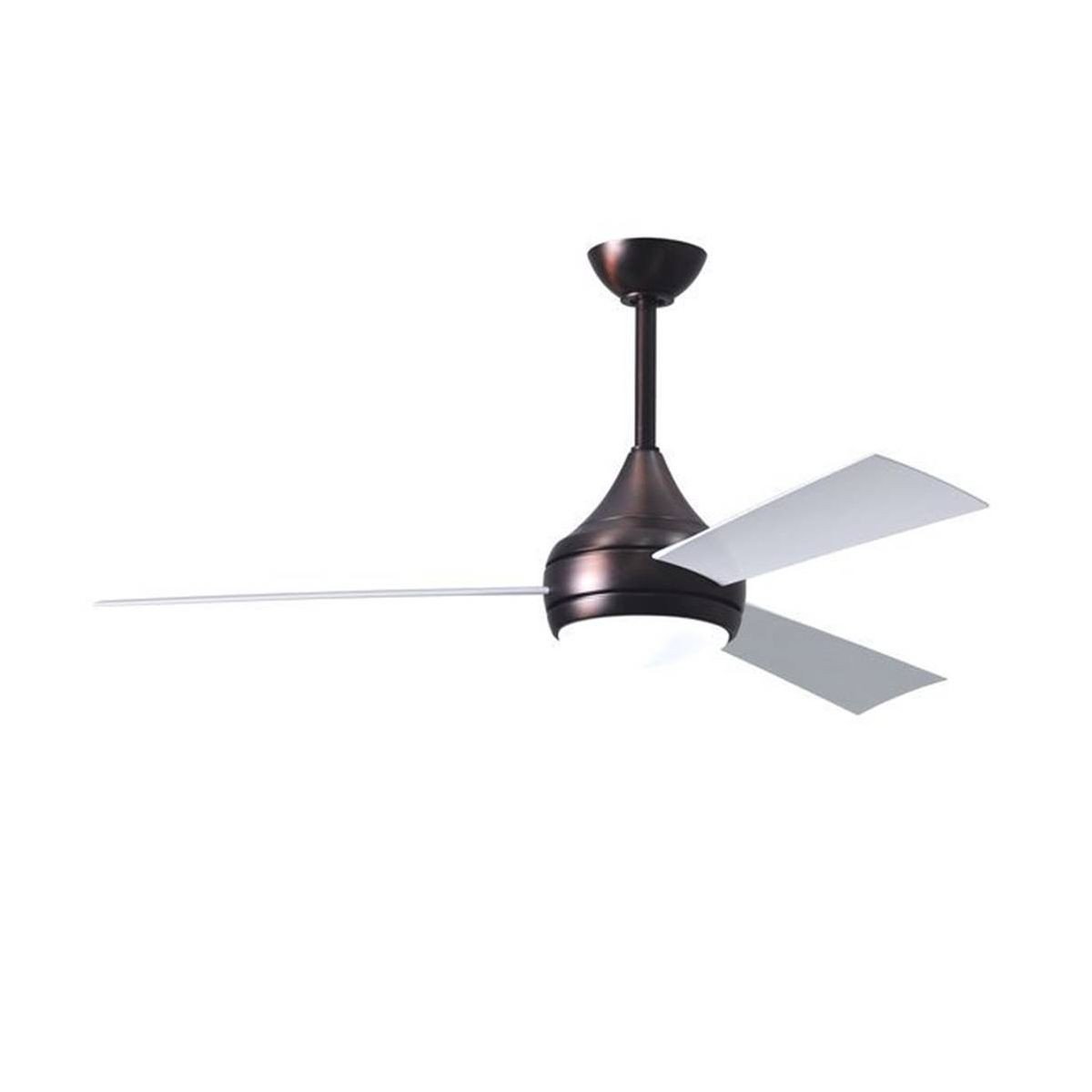 Ventilateur de plafond moderne avec support et pales gris, suspendu au plafond.