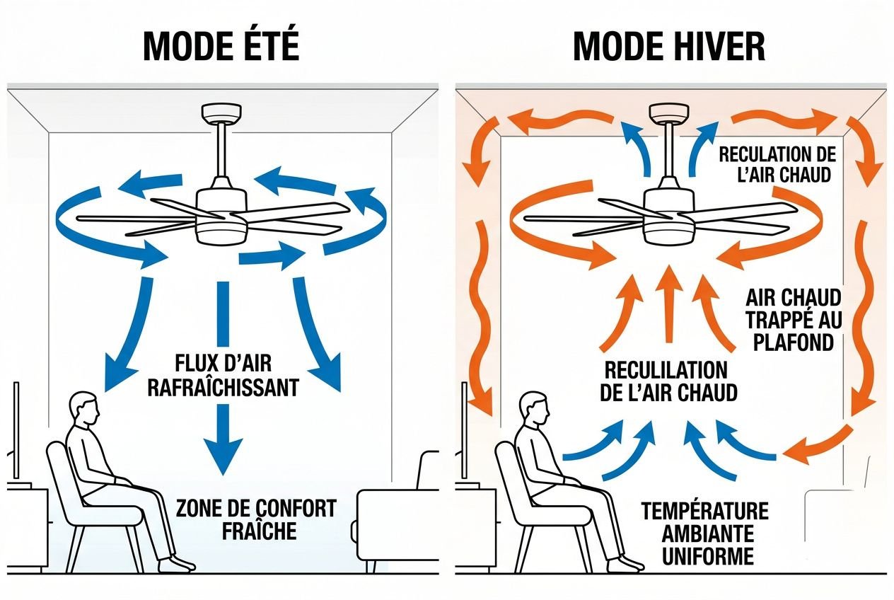 Ventilateur de plafond montrant mode été et mode hiver pour économies d’énergie et confort.
