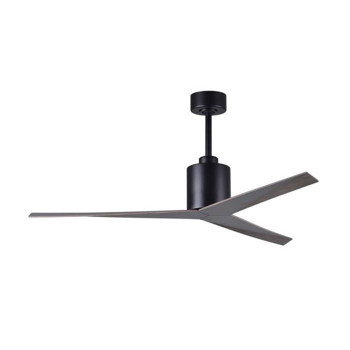 Ventilateur au plafond noir à trois pales radiantes, suspendu par une tige métallique sous un support de fixation. bonne puissance pour un ventilateur