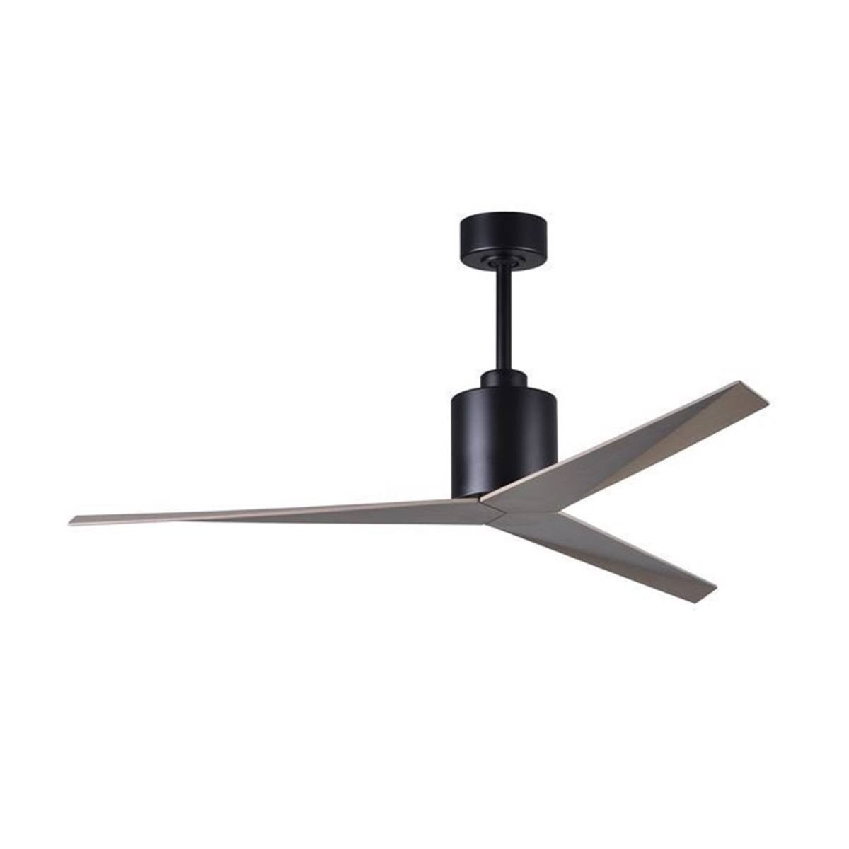 Ventilateur de plafond noir au design moderne, hélice tridimensionnelle suspendue par unmât et une fixation au plafond. brasseur d'air consommation électrique intégrée.