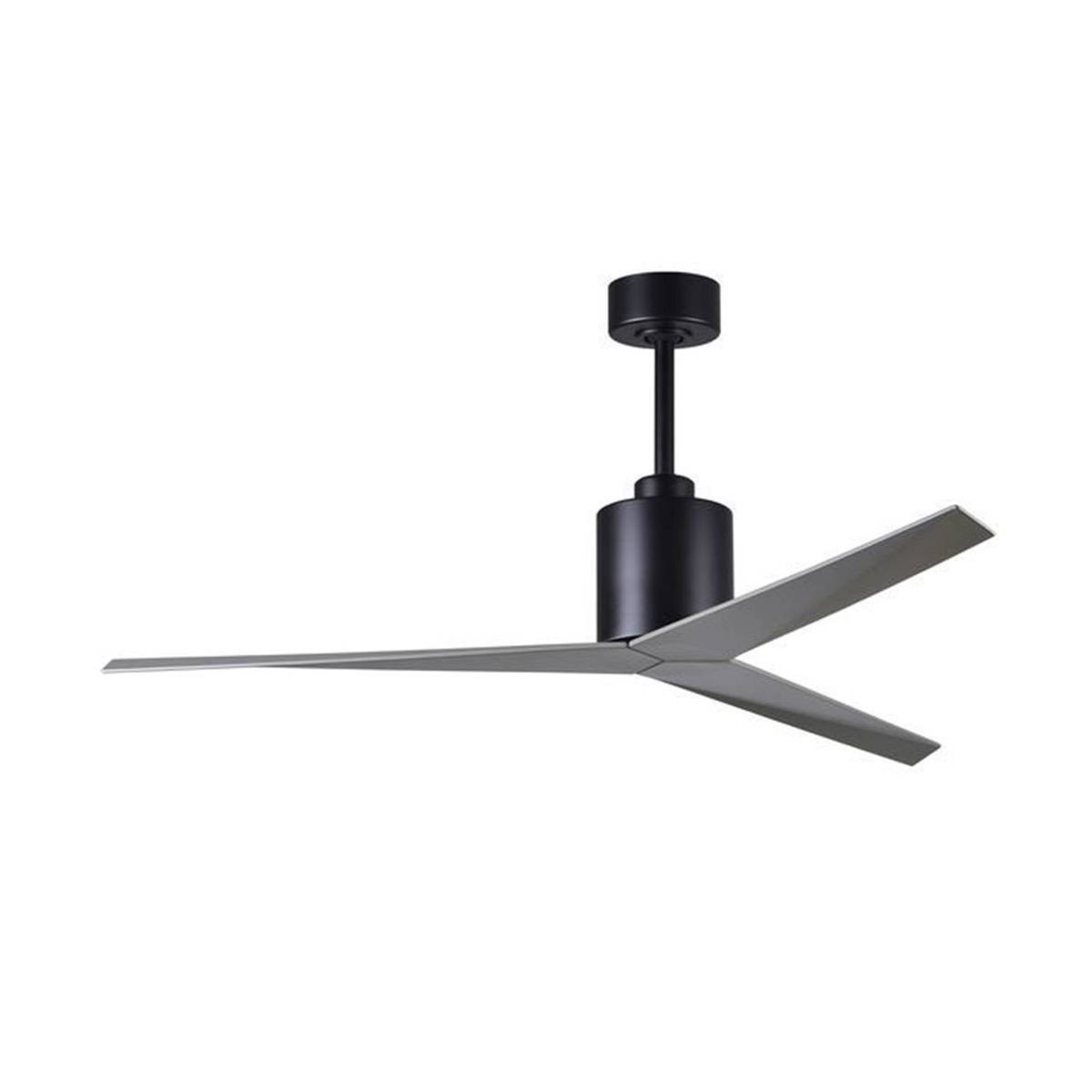 Ventilateur de plafond noir avec pale argentée, monté au plafond, prêt à être utilisé pour chauffer une pièce avec un ventilateur de plafond.