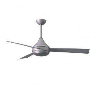 Ventilateur de plafond suspendu au design moderne avec trois pales et support mural, affichant une consommation à vitesse maxinarode? (Attention: title).